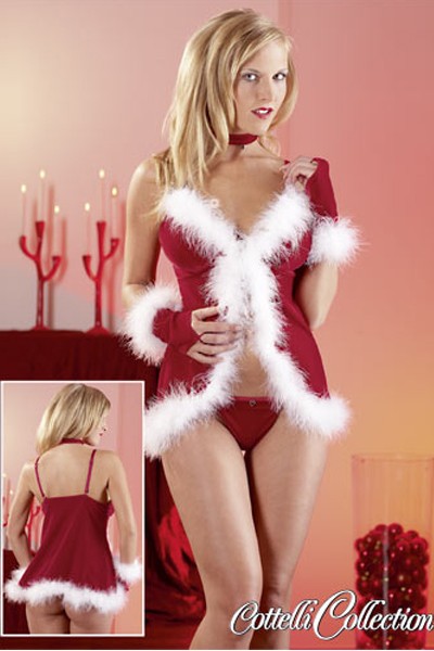 Babydoll, Weihnachtskostüm, rot/weiß, mit Halsband und Fingerstulpen, Gr.M