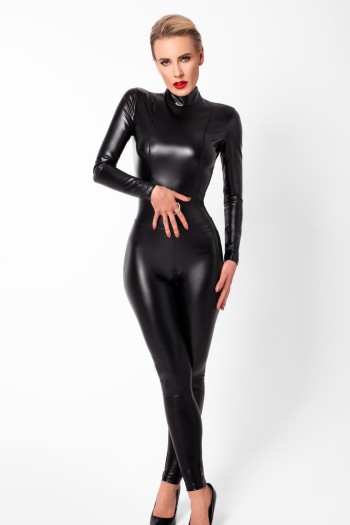 F319 Powerwetlook Catsuit mit Reißverschluss und Ring - XL