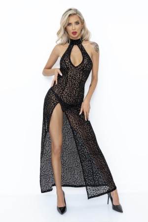 F288 Long leopard flock dress with front slit by Noir Handmade